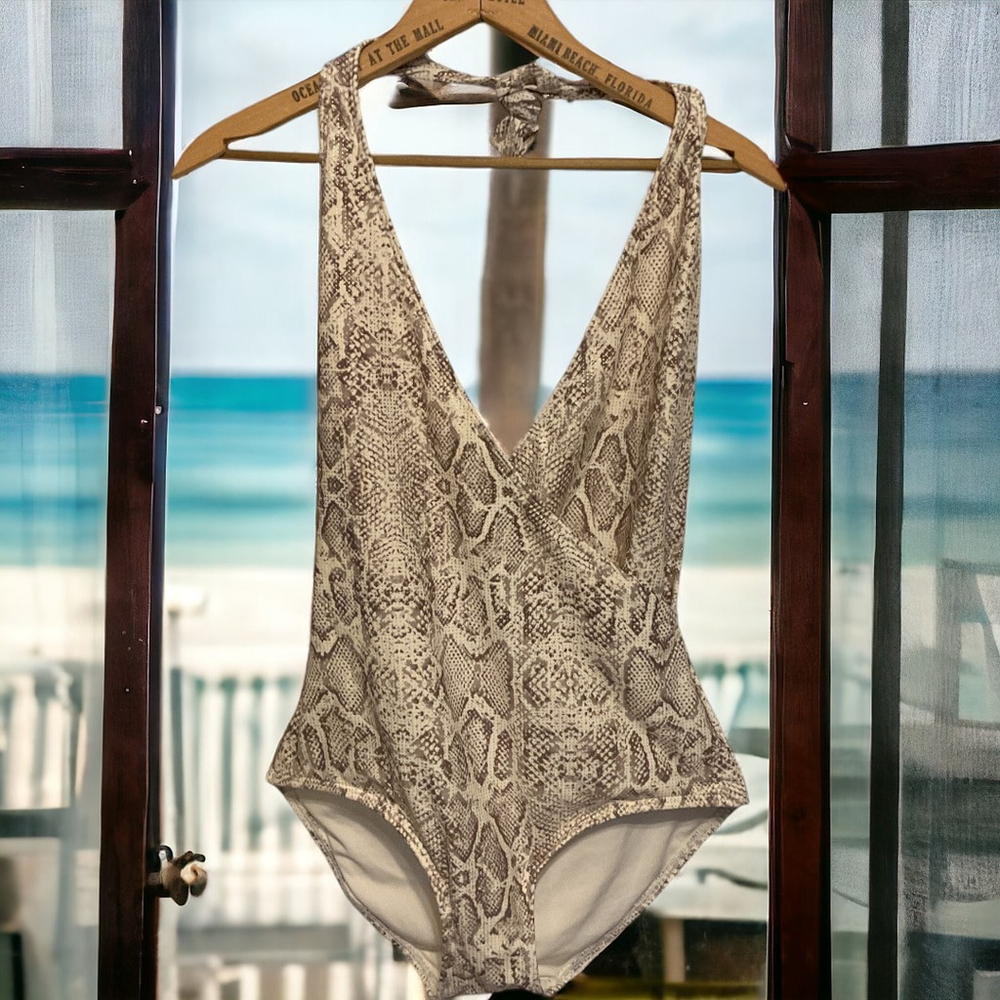 CARMEN MARC VALVO, wrap halter one piece Swimsuit neutral snakeskin & gold 12